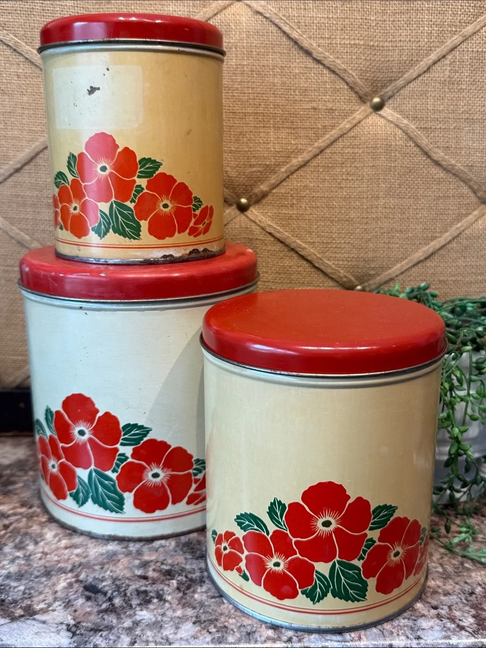 Vintage Decoware Floral Red & Cream Canister Set